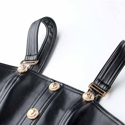 Womens PU Faux Leather Overalls Gold Buttons Dress Black Suspender Skirt
