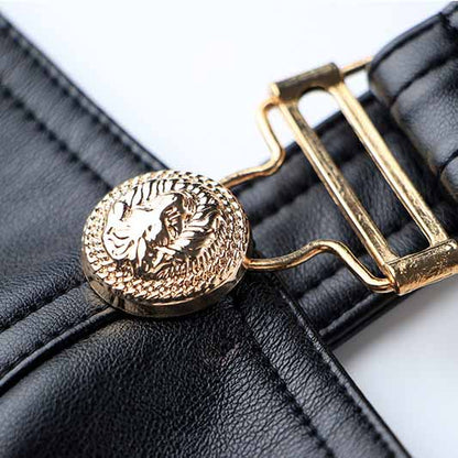 Womens PU Faux Leather Overalls Gold Buttons Dress Black Suspender Skirt