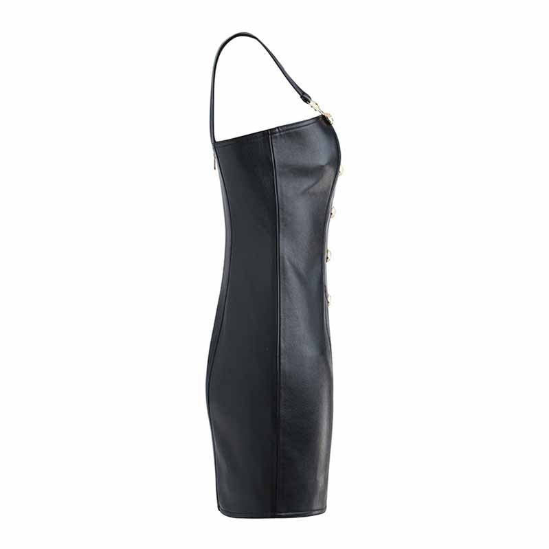 Womens PU Faux Leather Overalls Gold Buttons Dress Black Suspender Skirt