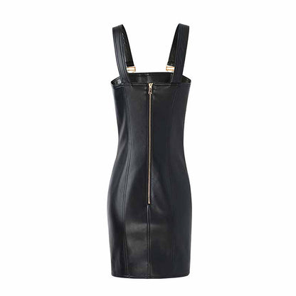 Womens PU Faux Leather Overalls Gold Buttons Dress Black Suspender Skirt