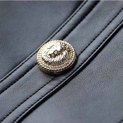 Womens PU Faux Leather Overalls Gold Buttons Dress Black Suspender Skirt