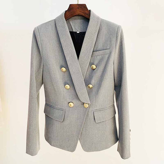 Women's Metal Lion Buttons Fitted Shawl Collar Grey Blazer Jacket