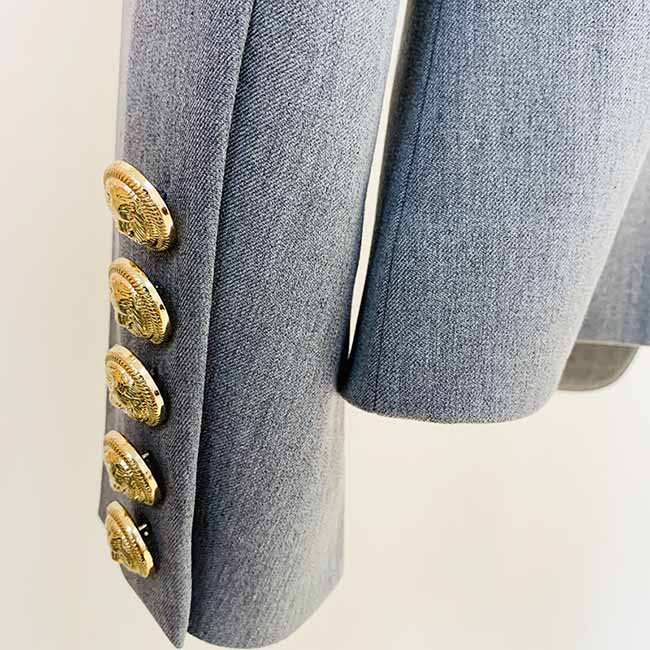 Women's Metal Lion Buttons Fitted Shawl Collar Grey Blazer Jacket