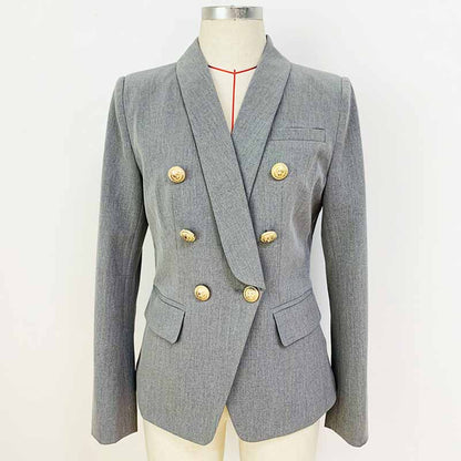 Women's Metal Lion Buttons Fitted Shawl Collar Grey Blazer Jacket