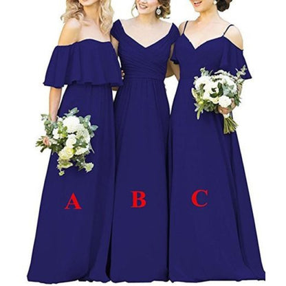 Long chiffon bridesmaid dresses in navy blue featuring off-shoulder and V-neck styles