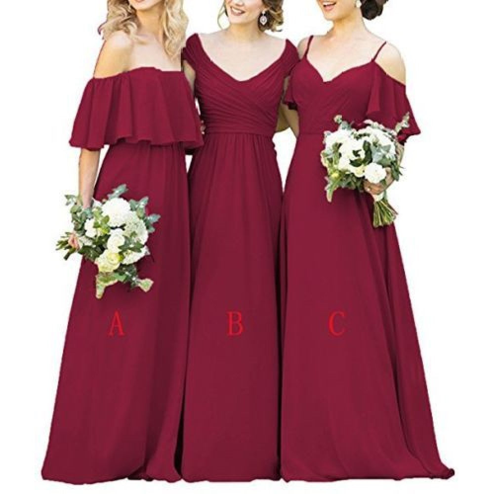 Elegant long chiffon bridesmaid dresses in burgundy with off-shoulder and V-neck styles