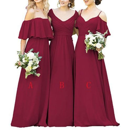 Elegant long chiffon bridesmaid dresses in burgundy with off-shoulder and V-neck styles