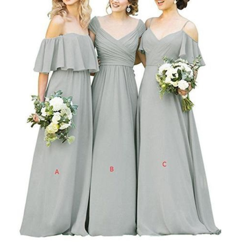 Three models in elegant long chiffon bridesmaid dresses with various styles and beautiful floral bouquets