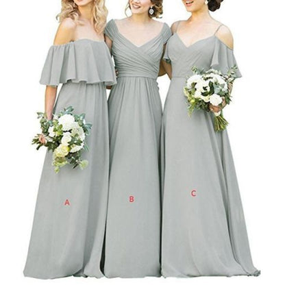 Three models in elegant long chiffon bridesmaid dresses with various styles and beautiful floral bouquets