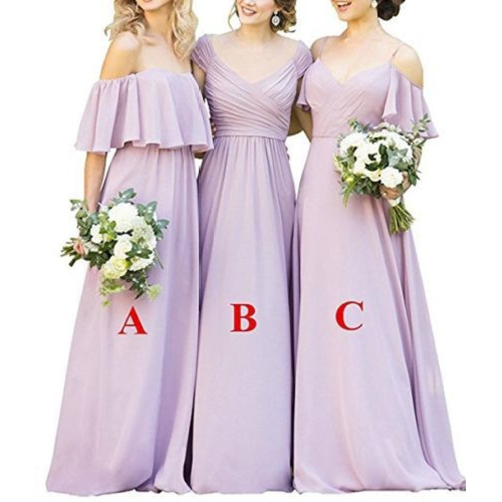 Three elegant long chiffon bridesmaid dresses in lavender with floral bouquets for wedding parties