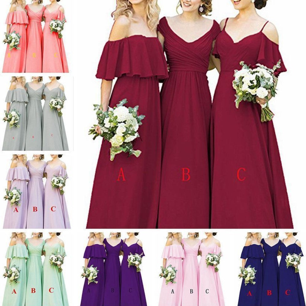 Elegant long chiffon bridesmaid dresses in various colors with off-shoulder and sleeveless styles