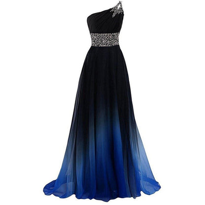 Elegant black and blue long evening gown for weddings with one shoulder design and embellished waistband