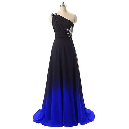 Elegant one-shoulder long evening gown for weddings in black and blue gradient with elegant embellishments