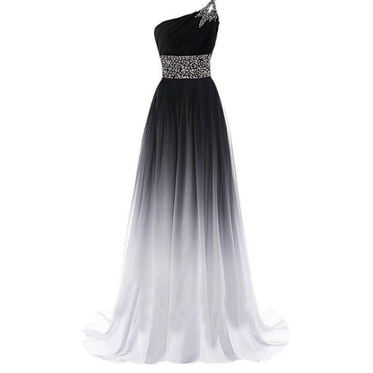 Elegant black and white long evening gown for weddings with a rhinestone embellished bodice