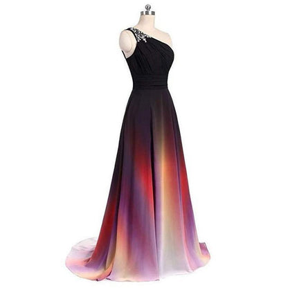 Elegant long evening gown for weddings with one shoulder design and colorful gradient skirt
