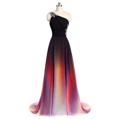 Elegant one-shoulder Chiffon bridesmaid dress in gradient colors, perfect as a long evening gown for weddings