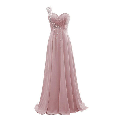 Elegant pink bridesmaid dress featuring a beaded one-shoulder design, perfect as a long evening gown for weddings