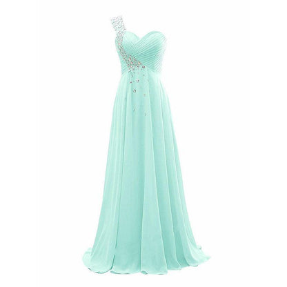Mint green long evening gown for weddings with one shoulder design and sparkling embellishments