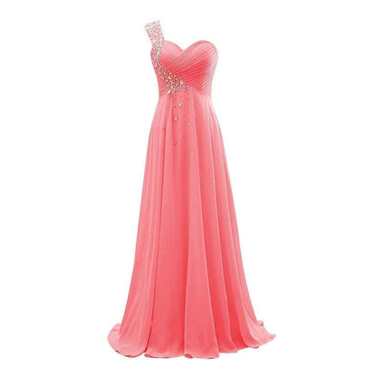 Elegant coral sd-hk long evening gown for weddings with one-shoulder design and sparkling embellishments