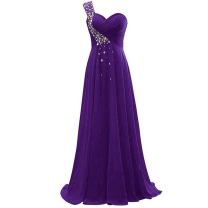 Elegant purple long evening gown for weddings with one-shoulder design and sparkling embellishments