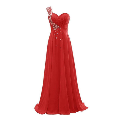 Red bridesmaid dress with one-shoulder design and embellishments, perfect long evening gown for weddings
