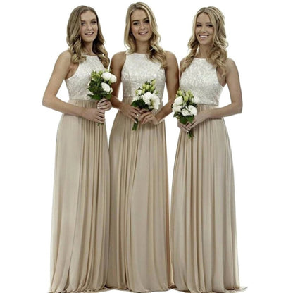 Three models wearing long lace bridesmaid dresses in beige holding floral bouquets