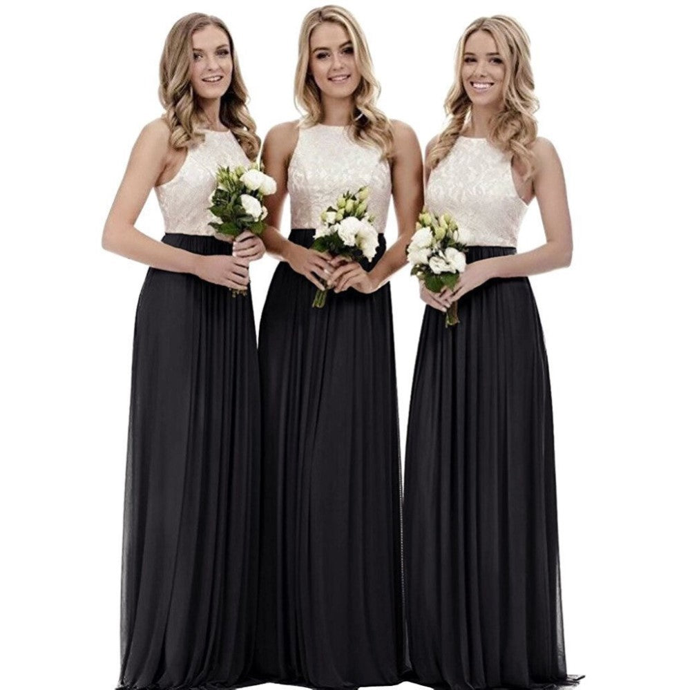 Three models in an elegant long lace bridesmaid dress holding bouquets for a wedding