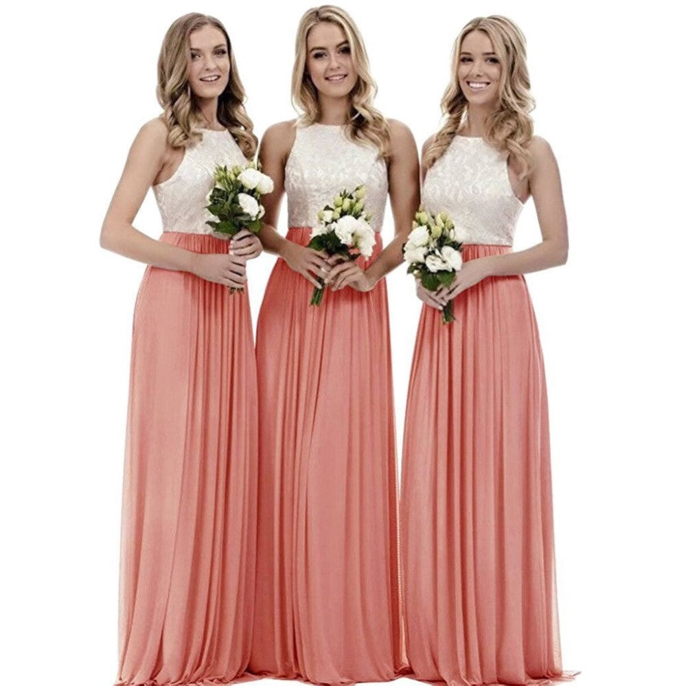 Three bridesmaids in long lace bridesmaid dresses holding bouquets, featuring elegant design and pleated fabric