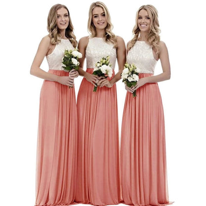 Three bridesmaids in long lace bridesmaid dresses holding bouquets, featuring elegant design and pleated fabric