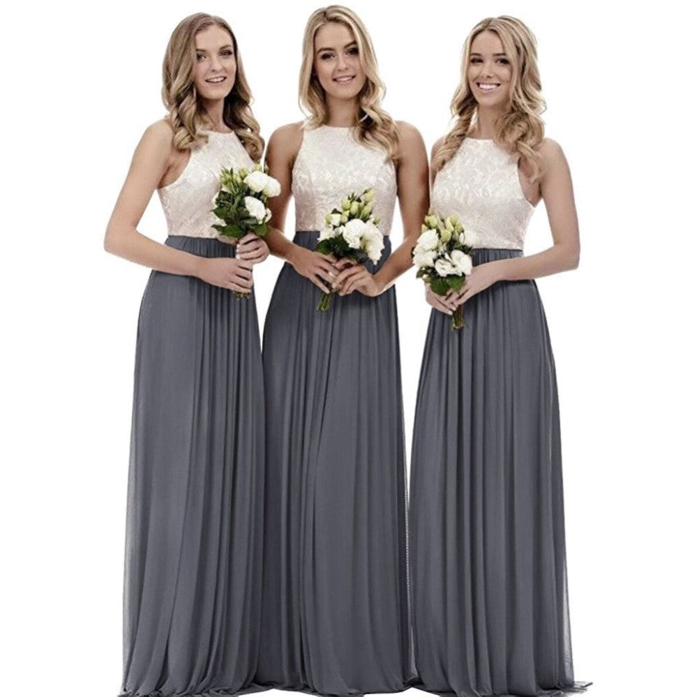 Three Models in Long Lace Bridesmaid Dresses with Lace Bodice and Flowing Skirts Holding Bouquets