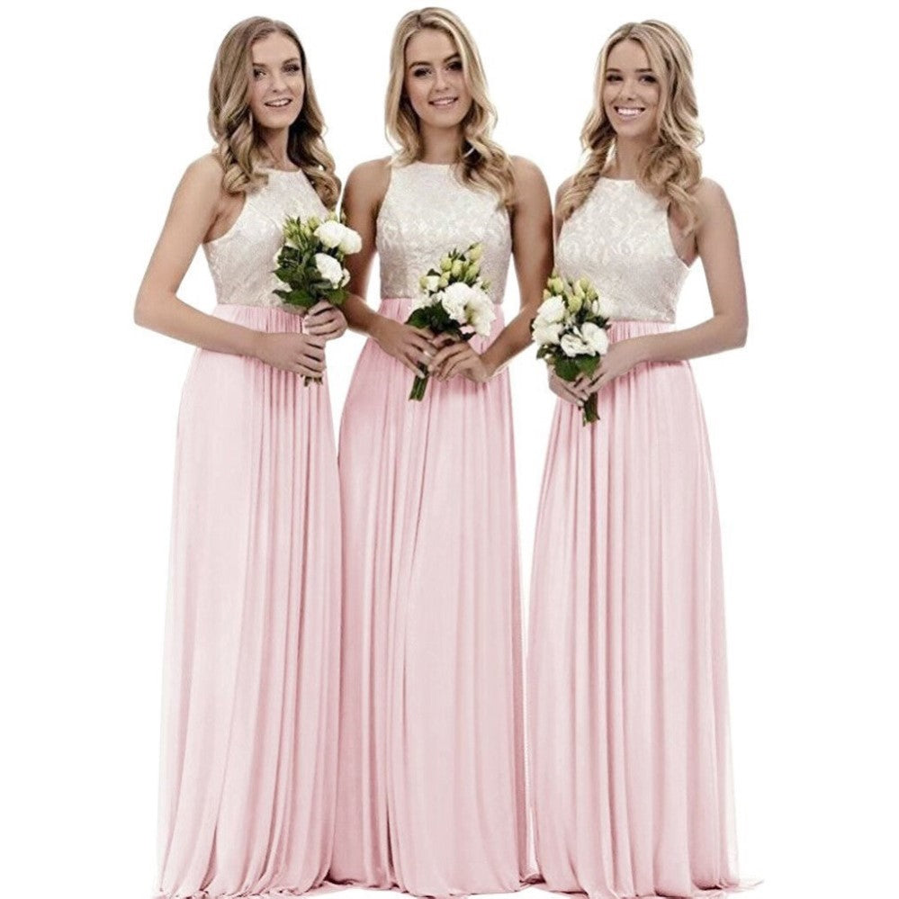 Three models in long lace bridesmaid dress with floral bouquets in soft pink and elegant lace tops