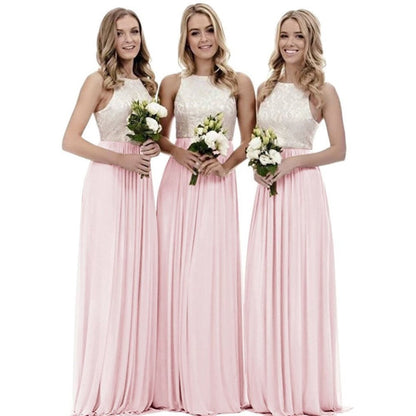 Three models in long lace bridesmaid dress with floral bouquets in soft pink and elegant lace tops