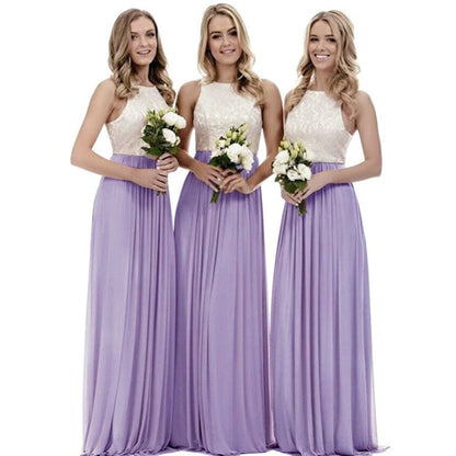 Three models wearing a long lace bridesmaid dress in lavender with floral bouquets