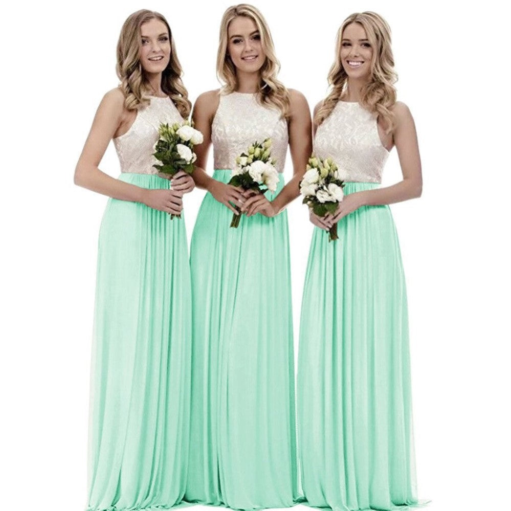 Three models wearing a long lace bridesmaid dress in mint green with floral bouquets