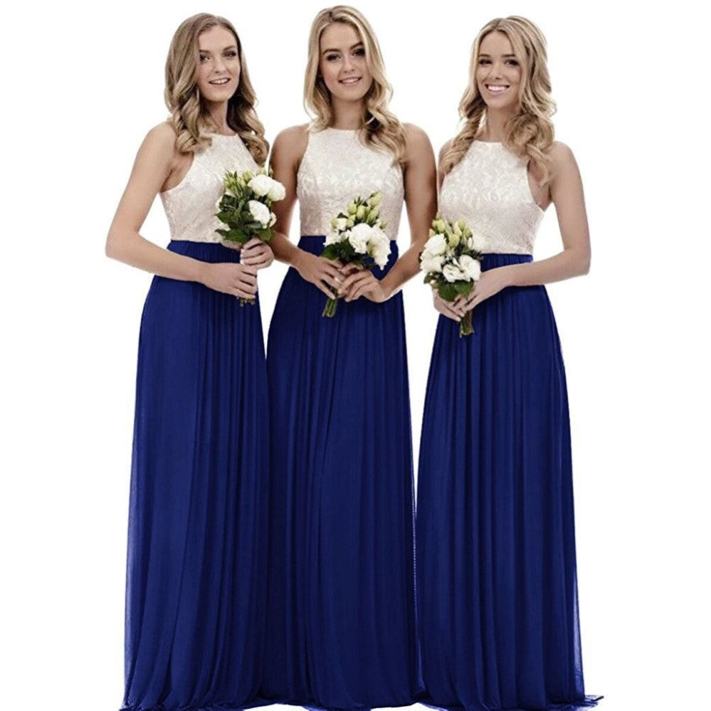 Three models wearing long lace bridesmaid dress in navy blue with lace bodice and flowy skirt