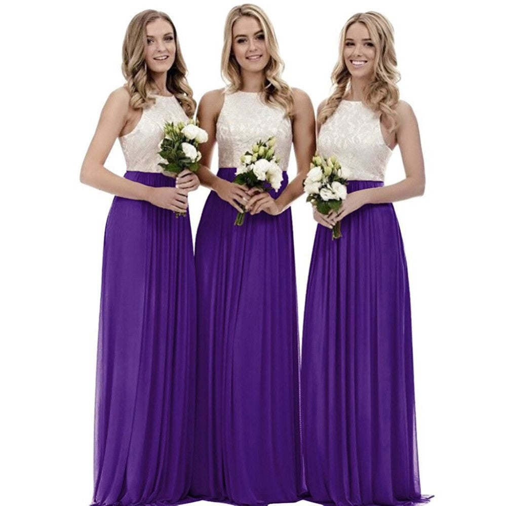 Three models in elegant long lace bridesmaid dress with purple skirts and lace bodices