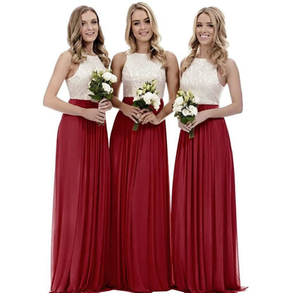 Three models wearing a long lace bridesmaid dress in burgundy with floral bouquets