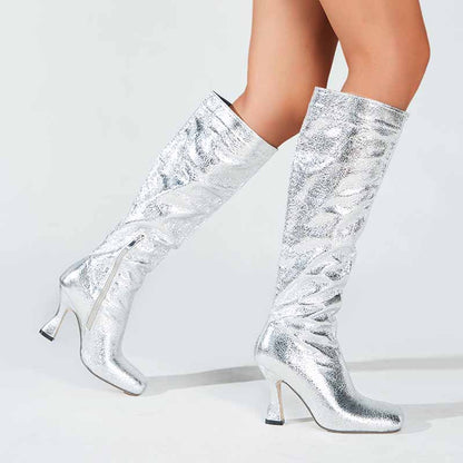 Women's Knee Length Sequin Boots PU Heeled Spangly Booties