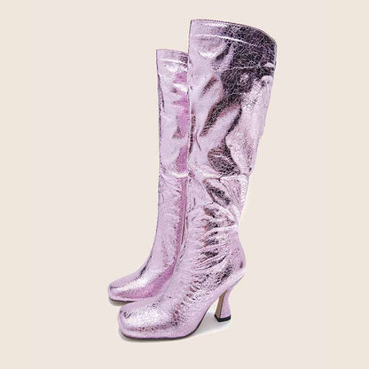 Women's Knee Length Sequin Boots PU Heeled Spangly Booties