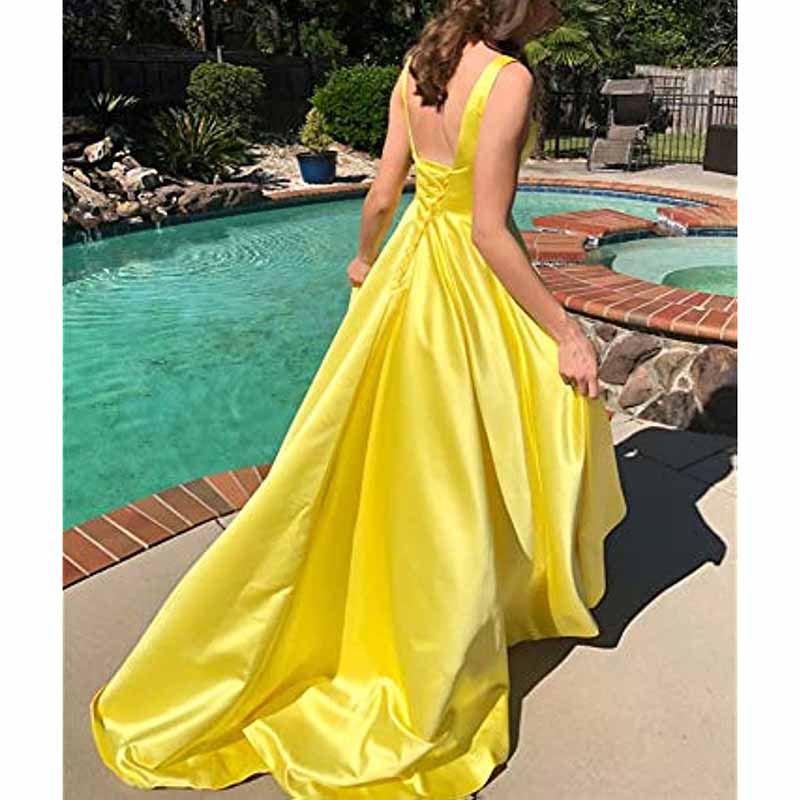 V Neck Prom Dresses Long Satin Ball Gowns Bridesmaid Dresses Wedding Gown