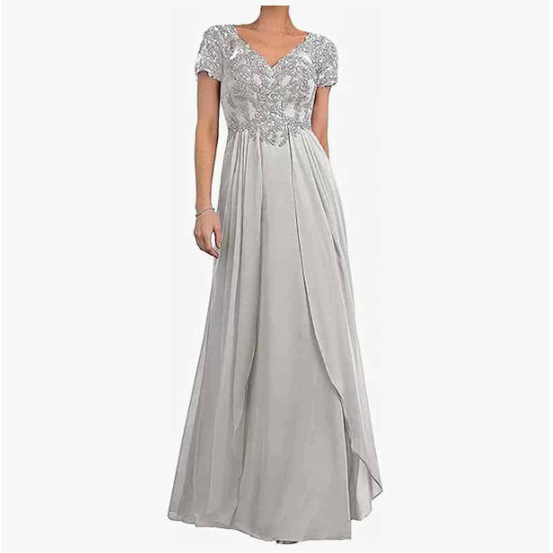 Chiffon Lace  Mother of Bride dresses Short Sleeves Bridesmaid Dress lace Up Evening Maxi Dress