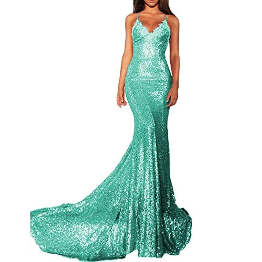 Elegant turquoise mermaid sequin prom dress with lace-up back and flowing train