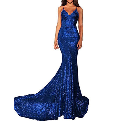 Elegant blue mermaid sequin prom dress featuring a fitted silhouette and a dramatic train