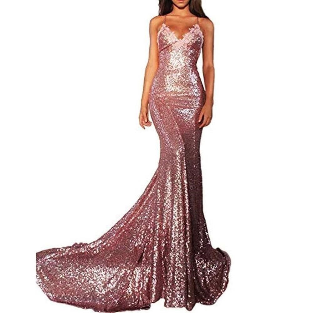 Elegant mermaid sequin prom dress in rose gold with a flattering fit and glamorous train