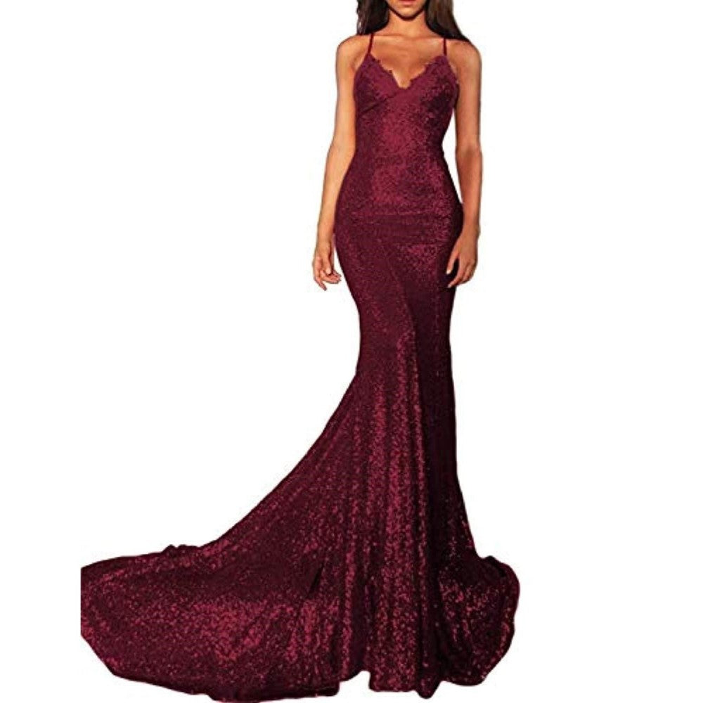 Elegant burgundy mermaid sequin prom dress with a flattering fitted silhouette and trailing train