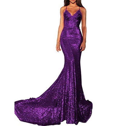 Elegant mermaid sequin prom dress in purple with a stunning train and stylish straps