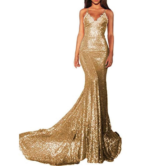 Elegant mermaid sequin prom dress in gold with a fitted silhouette and dramatic train
