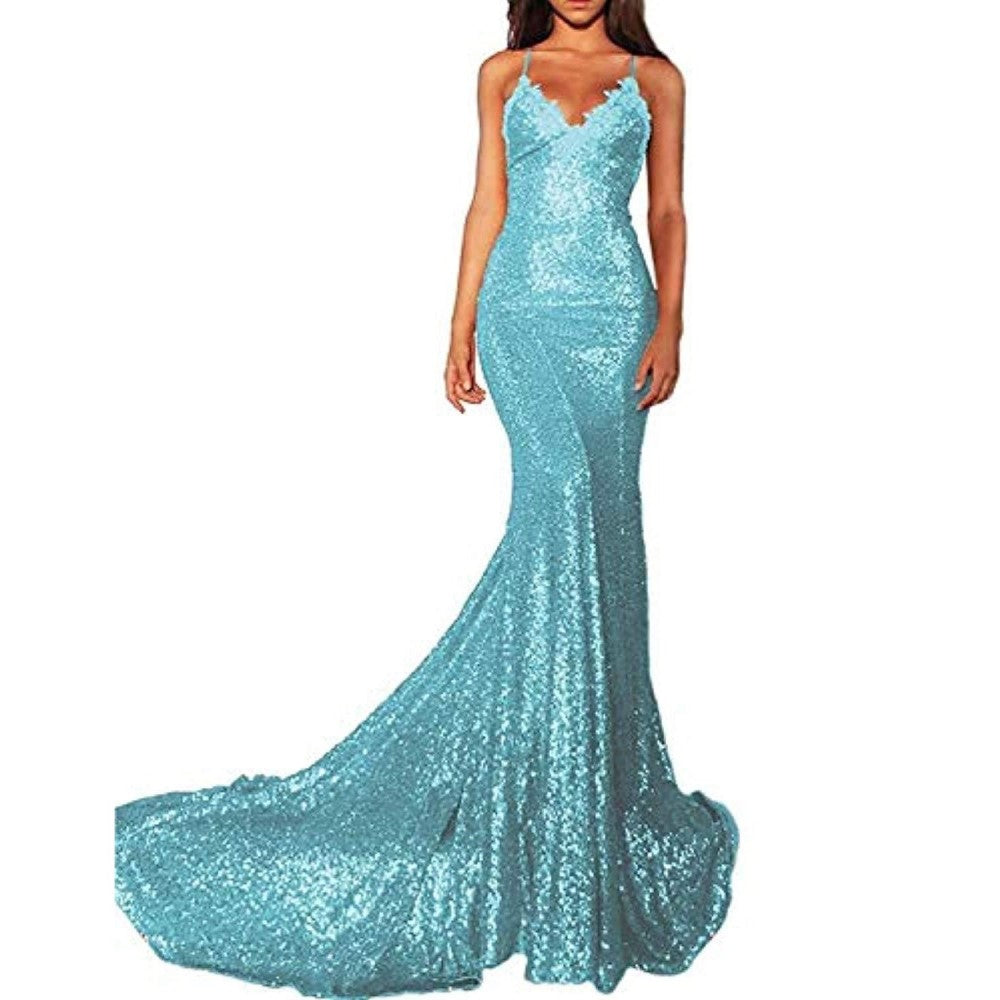 Stunning mermaid sequin prom dress in blue with elegant lace straps and a flared hem