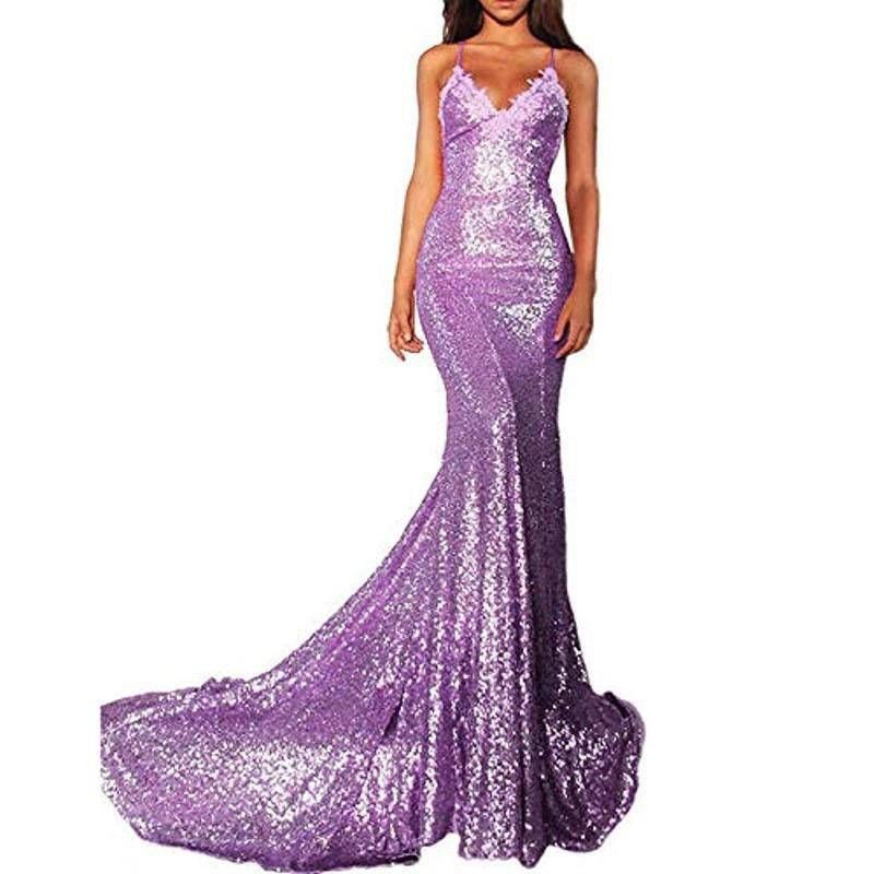 Stunning mermaid sequin prom dress in purple with a fitted bodice and flowing train