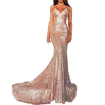Elegant mermaid sequin prom dress in rose gold with a flattering fit and train for special occasions